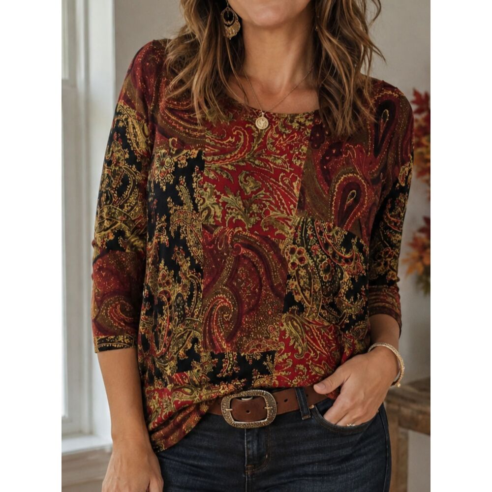 CHAPS XL Paisley Patchwork Knit Top Red Brown Boho 100% Cotton 3/4 Sleeve